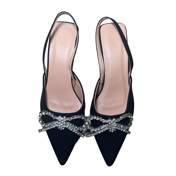 NWT Black Kitten Sling Back Heel With Rhinestone Bow On Toe Size EUR 38 US 7.5 - Picture 3 of 10